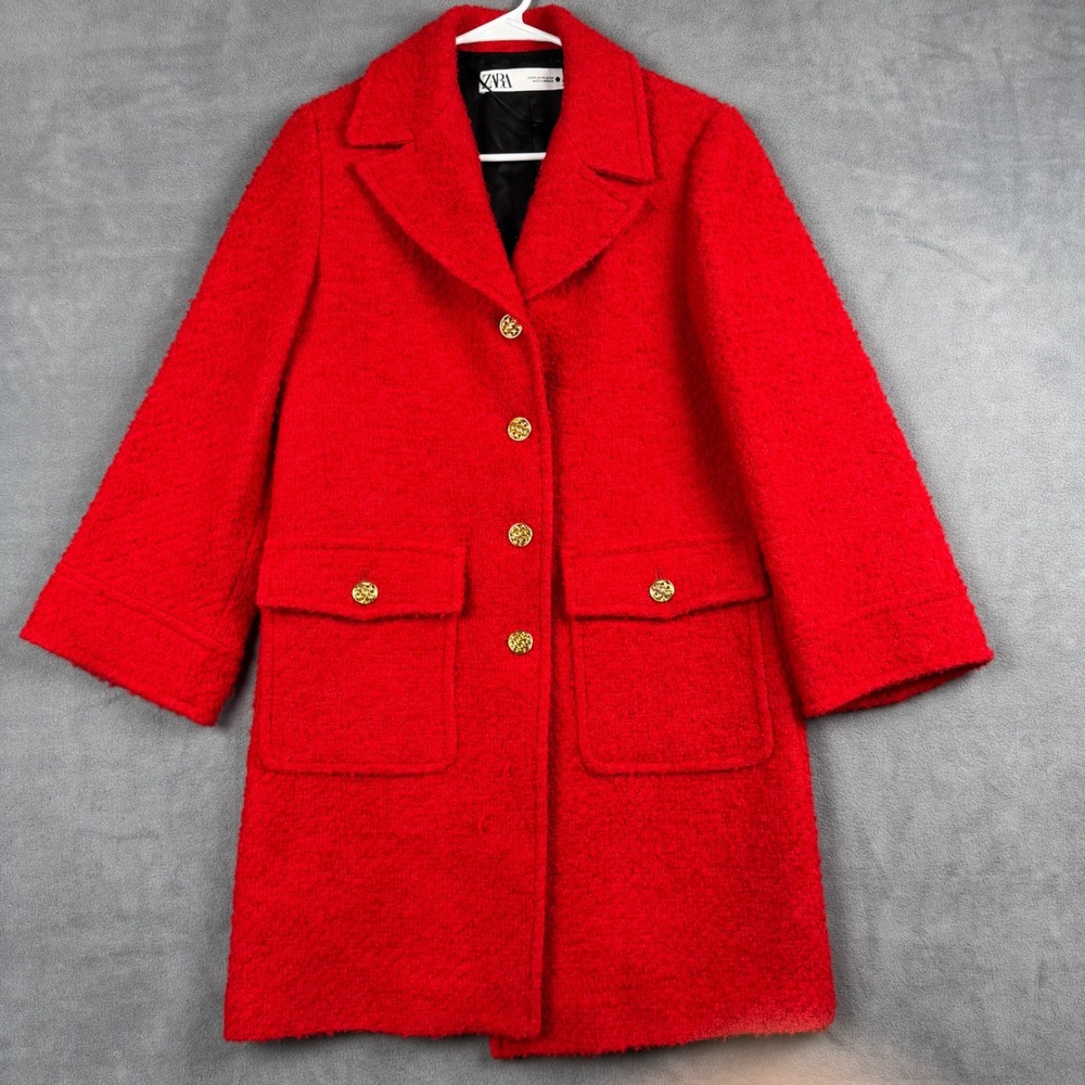 Zara Womens Red Textured Boucle Wool Blend Gold Crest Button Coat XS